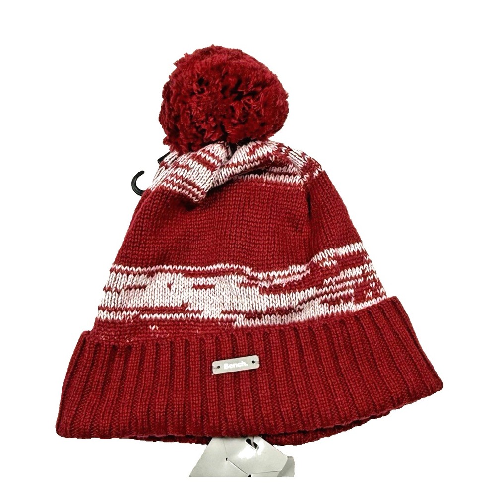 BENCH Pom Pom Beanie Knit‎ Wool Blend Maroon Red White One Size Unisex NWT